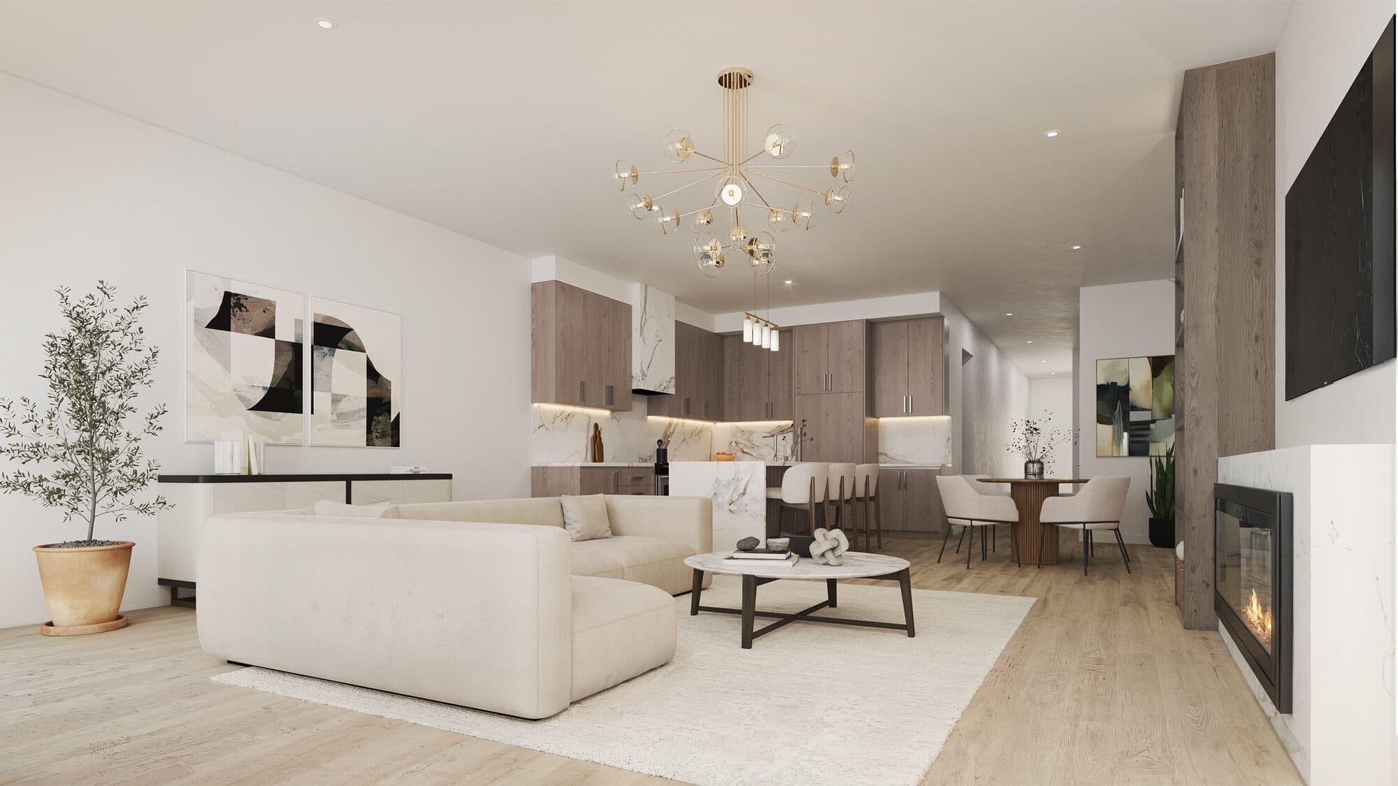Kingshaven interior — open kitchen and great room with quartz countertops